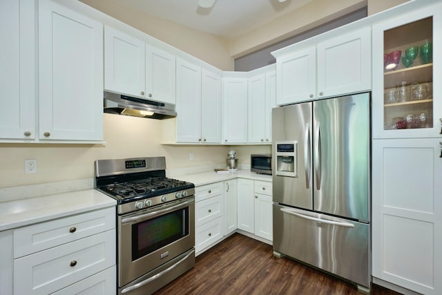 527 10th Ct, Vero Beach, FL 32962 - kitchen with stainless steel appliances, under cabinet range hood, dark wood-style floors, white cabinetry, and light stone counters