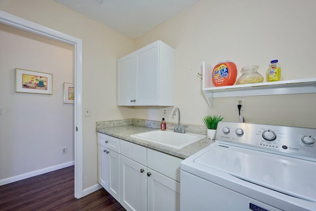 527 10th Ct, Vero Beach, FL 32962 - laundry area with washer / dryer, cabinet space, dark wood-style flooring, and baseboards