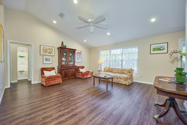 527 10th Ct, Vero Beach, FL 32962 - living area with vaulted ceiling, a ceiling fan, dark wood-style flooring, recessed lighting, and baseboards