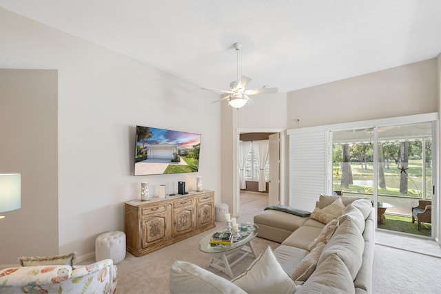 8483 Beaconhill Rd, Palm Beach Gardens, FL 33410 - living room featuring light carpet and a ceiling fan