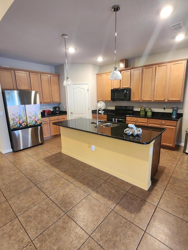 1691 SW Buttercup Ave, Port Saint Lucie, FL 34953 - kitchen with visible vents, dark countertops, a sink, light tile patterned floors, and black appliances