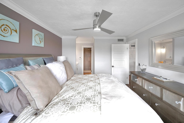 bedroom with connected bathroom, ceiling fan, crown molding, and visible vents