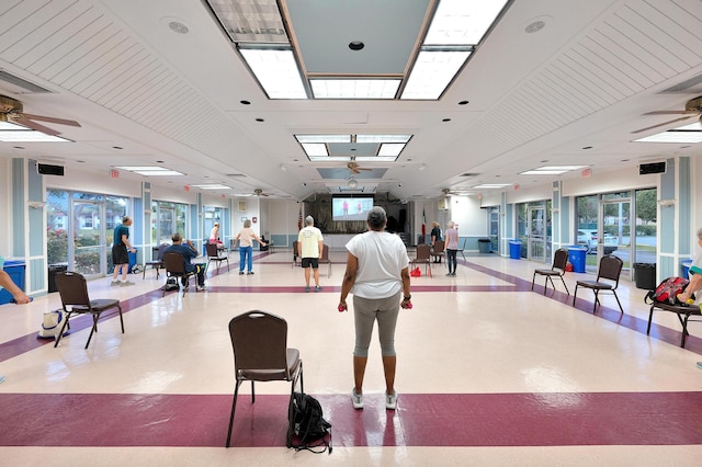 interior space featuring visible vents, a ceiling fan, and tile patterned floors