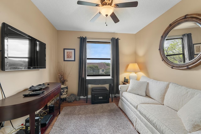 living area with ceiling fan, a wealth of natural light, wood finished floors, and a textured ceiling