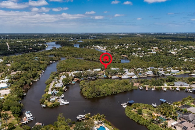 aerial view featuring a water view and a residential view