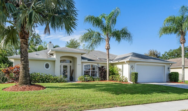325 53rd Cir, Vero Beach, FL 32968 - ranch-style house with a chimney, a front lawn, driveway, a garage, and stucco siding