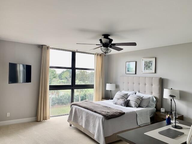 6562 Boca Del Mar Dr Unit 527, Boca Raton, FL 33433 - bedroom with multiple windows, light carpet, baseboards, and a ceiling fan