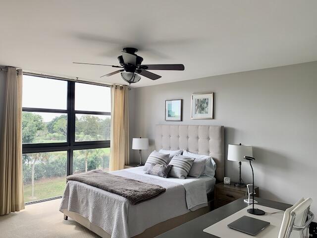 6562 Boca Del Mar Dr Unit 527, Boca Raton, FL 33433 - bedroom featuring multiple windows, a ceiling fan, and light carpet