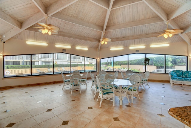 3589 S Ocean Blvd Unit 509, South Palm Beach, FL 33480 - sunroom / solarium featuring a ceiling fan, tile patterned flooring, baseboards, outdoor dining space, and wood ceiling with exposed beams