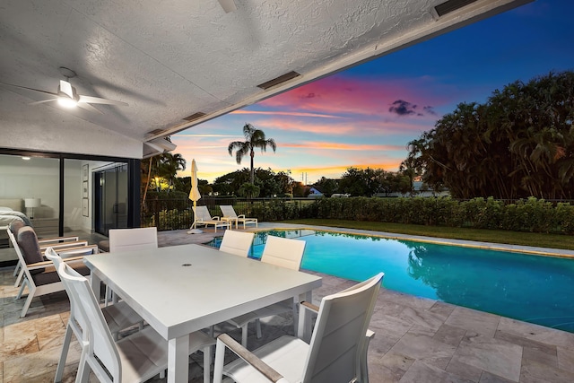 11020 Boca Woods Ln, Boca Raton, FL 33428 - view of swimming pool with a ceiling fan, a patio area, and outdoor dining area