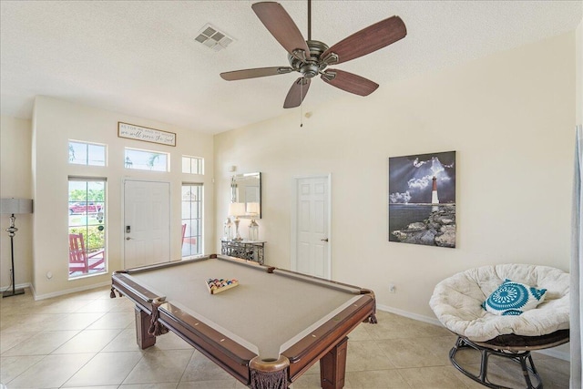 2266 SW Monterrey Ln, Port Saint Lucie, FL 34953 - rec room featuring baseboards, light tile patterned floors, billiards table, a textured ceiling, and a ceiling fan