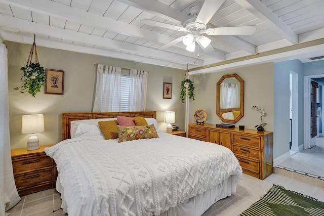 1008 SE 3rd St, Boynton Beach, FL 33435 - bedroom with visible vents, a ceiling fan, wooden ceiling, light tile patterned flooring, and beamed ceiling