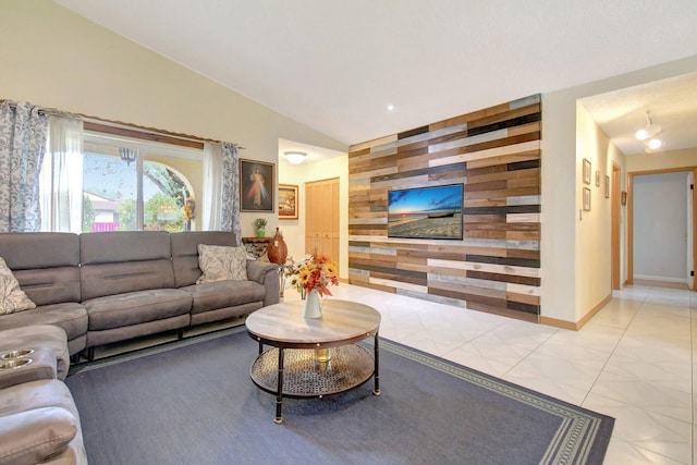 5340 SW 115th Ave, Cooper City, FL 33330 - living room featuring wood walls, lofted ceiling, and light tile patterned flooring