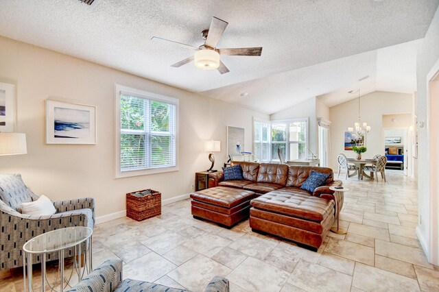 17586 Tiffany Trace Dr, Boca Raton, FL 33487 - living room featuring plenty of natural light, a chandelier, ceiling fan, lofted ceiling, and baseboards
