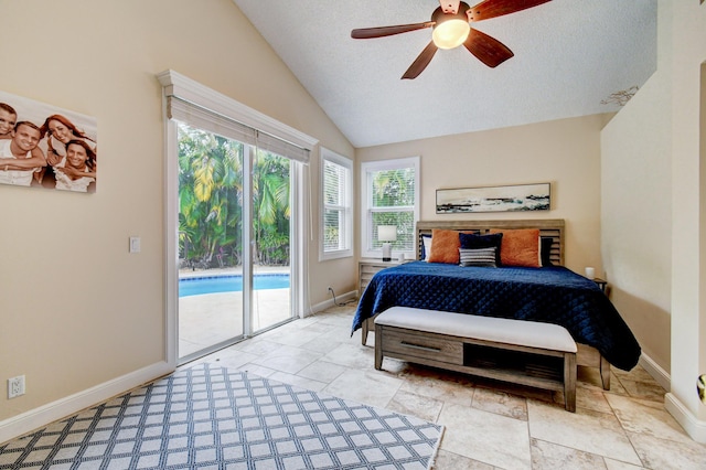 bedroom featuring a ceiling fan, baseboards, access to outside, and vaulted ceiling