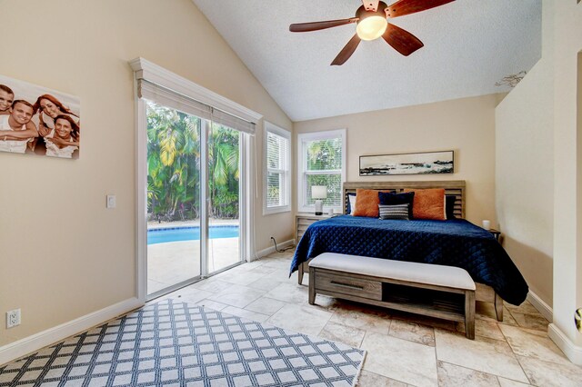 17586 Tiffany Trace Dr, Boca Raton, FL 33487 - bedroom featuring access to exterior, vaulted ceiling, baseboards, and ceiling fan