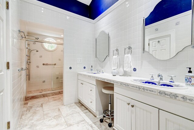 17586 Tiffany Trace Dr, Boca Raton, FL 33487 - full bath featuring tile walls, a shower stall, double vanity, and decorative backsplash