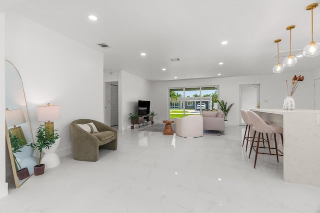 2771 NE 53rd St, Lighthouse Point, FL 33064 - living room featuring visible vents, recessed lighting, and marble finish floor
