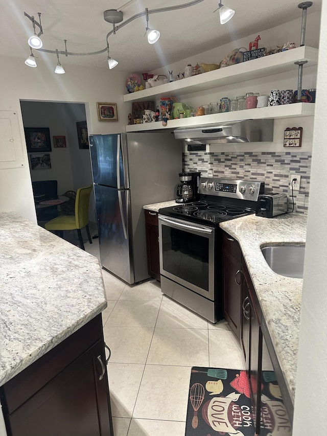 kitchen with open shelves, stainless steel appliances, under cabinet range hood, and a sink
