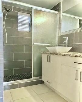 bathroom featuring vanity, tile patterned flooring, and a shower stall