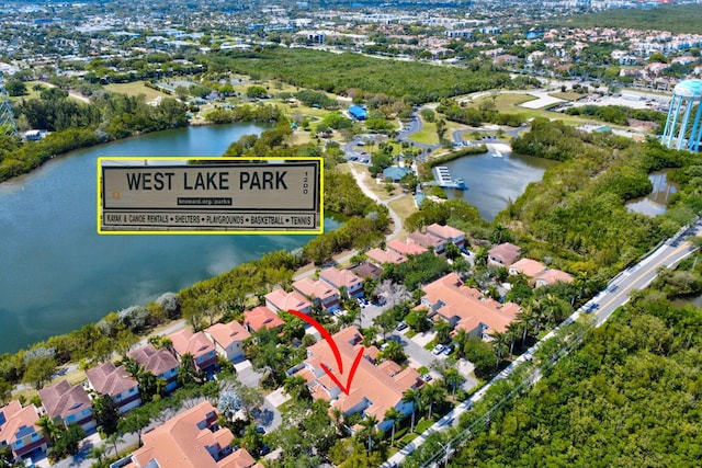 bird's eye view with a water view