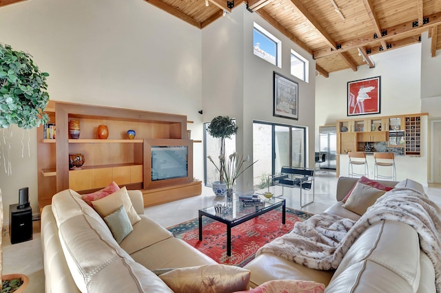 6130 Via Tierra, Boca Raton, FL 33433 - living room featuring wood ceiling, a towering ceiling, and beam ceiling