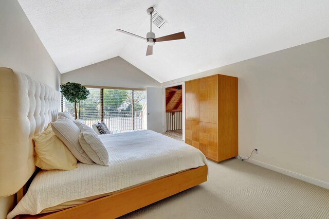 6130 Via Tierra, Boca Raton, FL 33433 - bedroom featuring visible vents, access to exterior, ceiling fan, light colored carpet, and vaulted ceiling