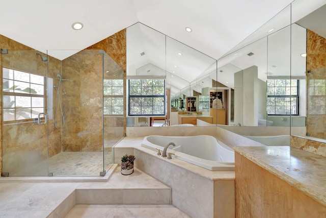 6130 Via Tierra, Boca Raton, FL 33433 - full bath with vanity, lofted ceiling, recessed lighting, a bath, and a shower stall