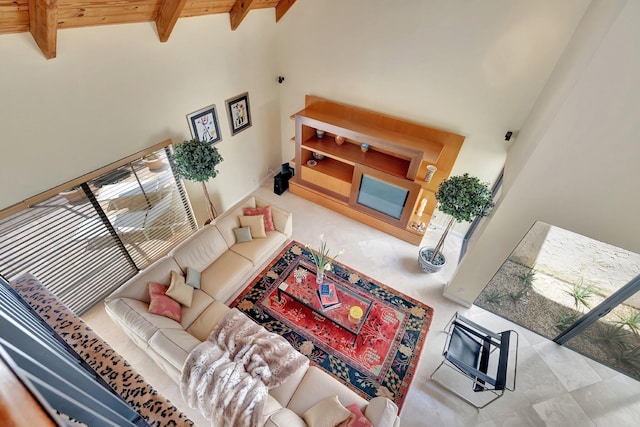 6130 Via Tierra, Boca Raton, FL 33433 - living room featuring high vaulted ceiling, wooden ceiling, beam ceiling, and plenty of natural light