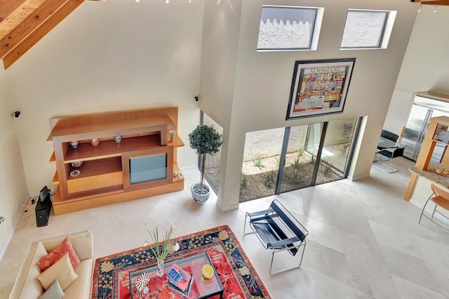 6130 Via Tierra, Boca Raton, FL 33433 - living area featuring beam ceiling and high vaulted ceiling