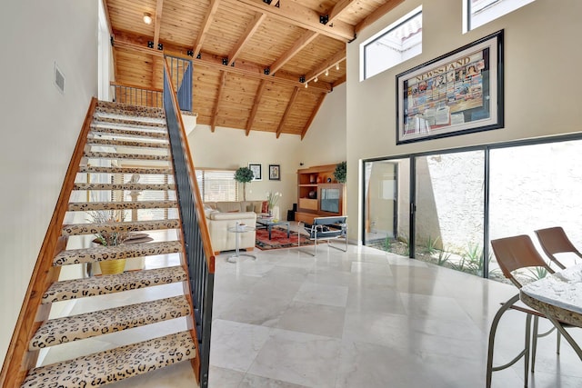 6130 Via Tierra, Boca Raton, FL 33433 - stairs featuring a high ceiling, visible vents, wooden ceiling, and beam ceiling
