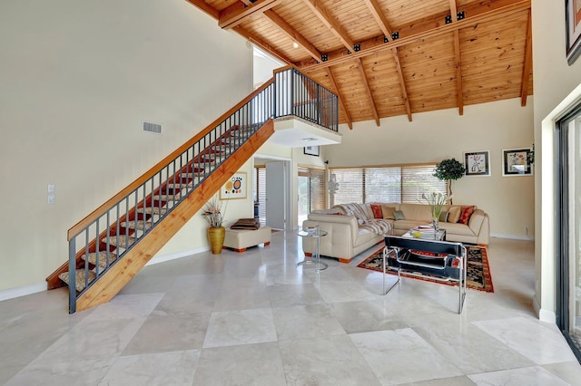 6130 Via Tierra, Boca Raton, FL 33433 - living area featuring stairway, wooden ceiling, baseboards, and high vaulted ceiling