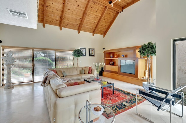 6130 Via Tierra, Boca Raton, FL 33433 - living area with visible vents, wooden ceiling, tile patterned floors, beamed ceiling, and high vaulted ceiling
