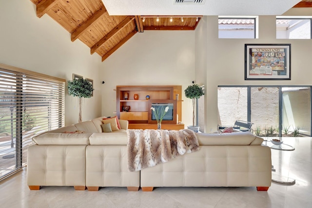 6130 Via Tierra, Boca Raton, FL 33433 - living area featuring wood ceiling, visible vents, tile patterned floors, high vaulted ceiling, and beamed ceiling