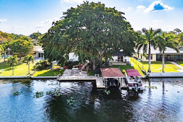 view of dock featuring a water view and boat lift