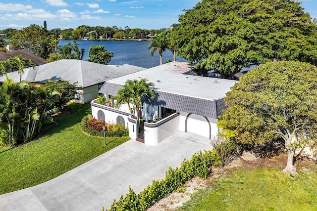 drone / aerial view with a water view