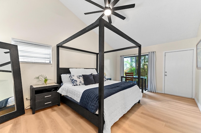 149 NW 70th St Unit 302B, Boca Raton, FL 33487 - bedroom featuring light wood-type flooring, vaulted ceiling, and a ceiling fan