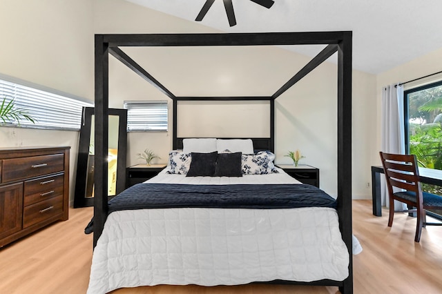 149 NW 70th St Unit 302B, Boca Raton, FL 33487 - bedroom with light wood-type flooring, lofted ceiling, and ceiling fan