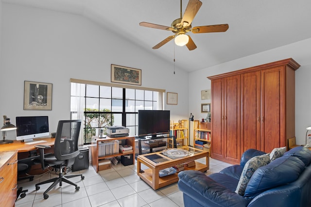 7414 Rosewood Cir, Boca Raton, FL 33487 - office space featuring light tile patterned floors, high vaulted ceiling, and ceiling fan