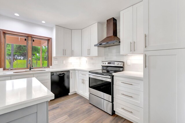 4770 Fox Hunt Trl, Boca Raton, FL 33487 - kitchen with stainless steel range with electric cooktop, dishwasher, wall chimney range hood, a sink, and light countertops