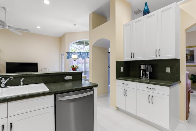 23437 Torre Cir, Boca Raton, FL 33433 - kitchen with dishwasher, dark countertops, white cabinetry, a chandelier, and recessed lighting