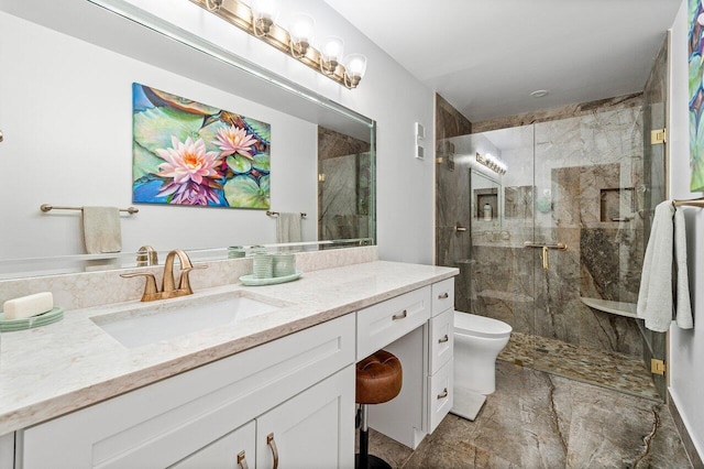 bathroom featuring vanity, a shower stall, toilet, and visible vents