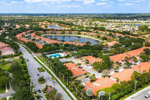 aerial view with a water view and a residential view