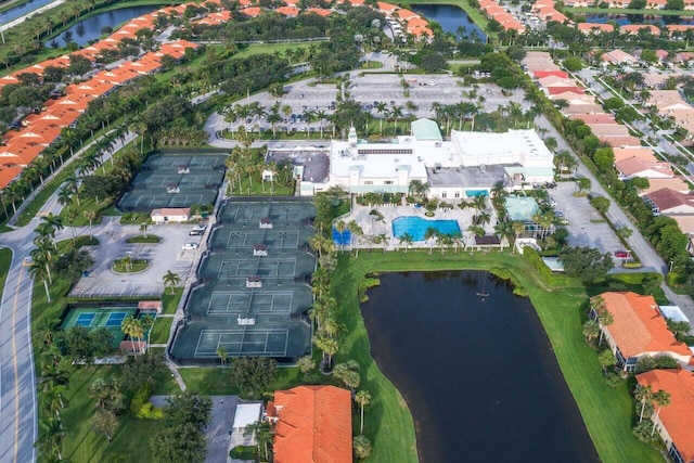 bird's eye view with a water view