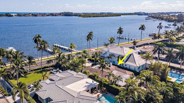 aerial view featuring a water view