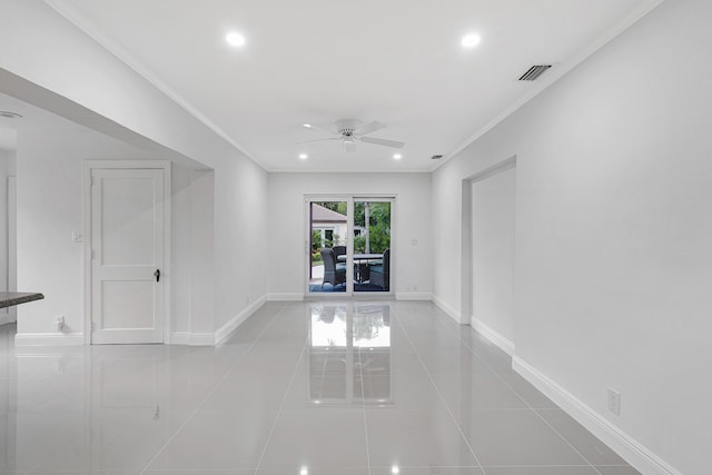 unfurnished room featuring recessed lighting, tile patterned floors, ornamental molding, visible vents, and a ceiling fan