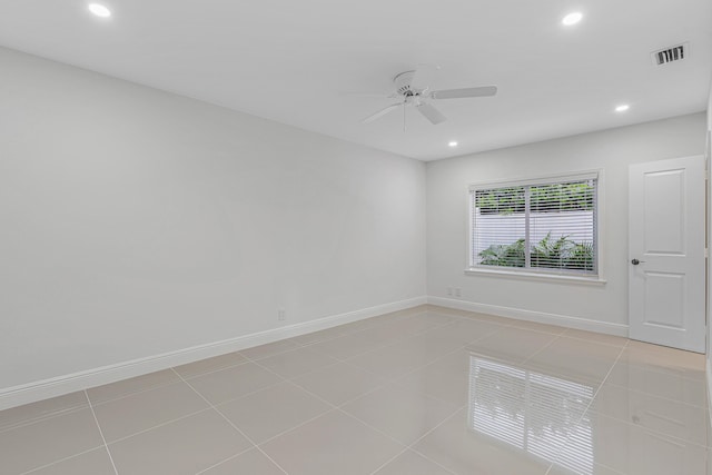 unfurnished room with visible vents, recessed lighting, and a ceiling fan