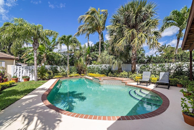 view of swimming pool with a pool with connected hot tub, a patio, and a fenced backyard