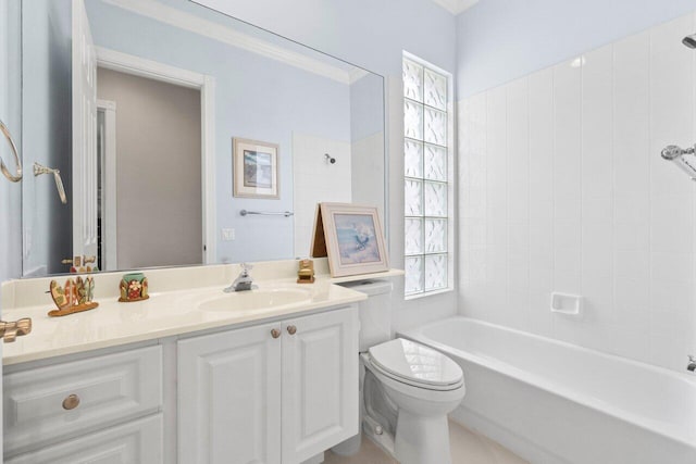 full bath with a healthy amount of sunlight, vanity, toilet, and shower / bath combination