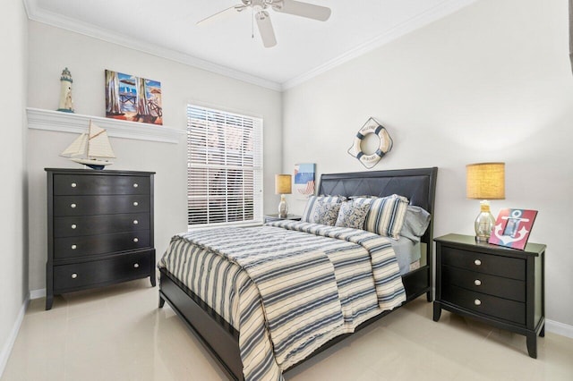 bedroom featuring crown molding, a ceiling fan, baseboards, and tile patterned flooring
